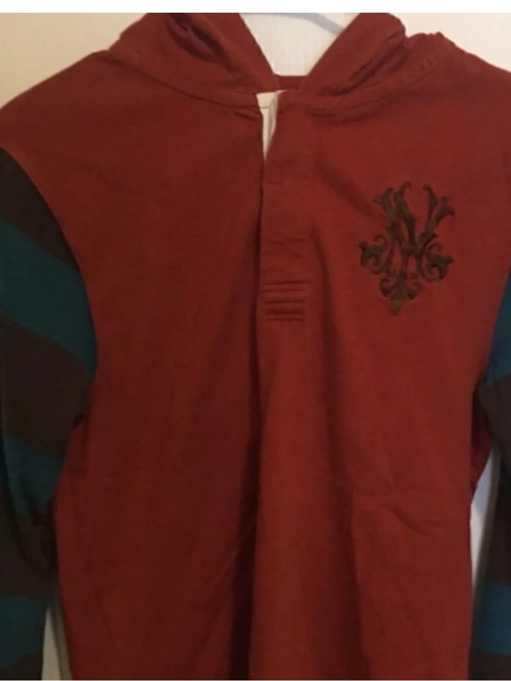 Old Navy Rust Hooded Sweatshirt with Teal and Brown Stripe Sleeves